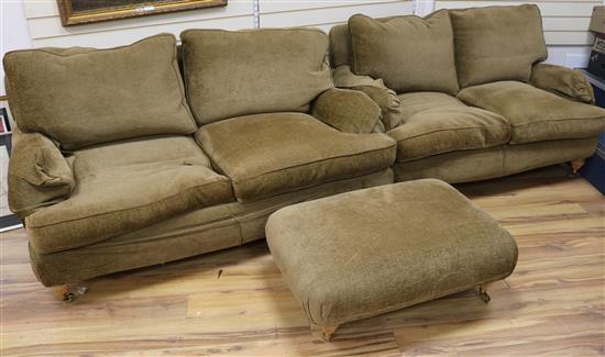Two modern two seater settees and a large footstool